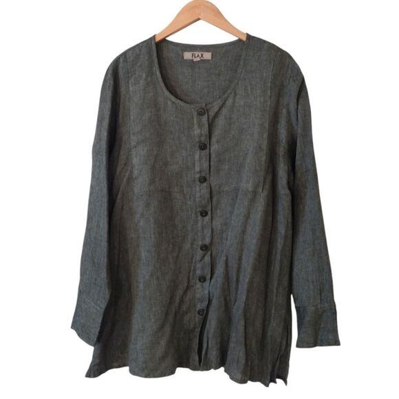 Flax Women's Size Medium 100% Linen Button Down Long Sleeve Oversized Green Top - Picture 3 of 11